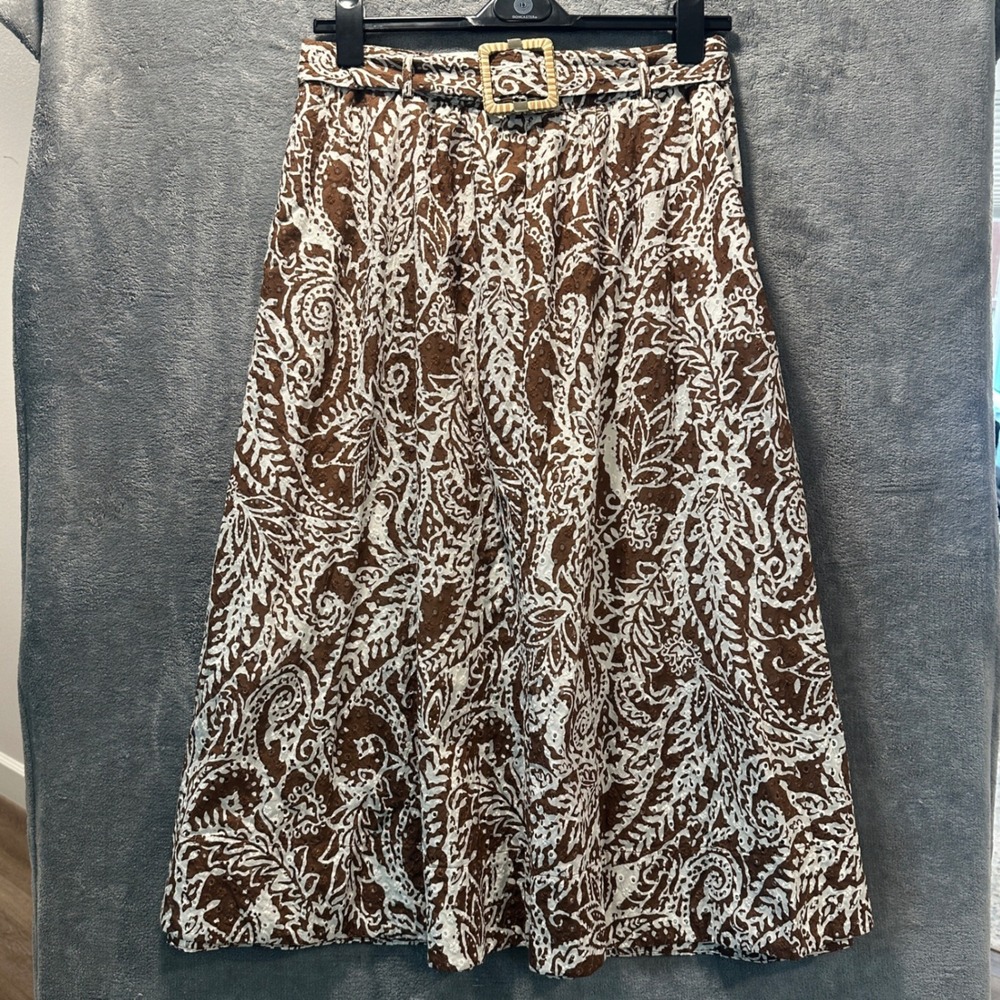 NWT Jason Wu Skirt Womens Large Brown Ivory Paisley Eyelet Belted Midi A-Line